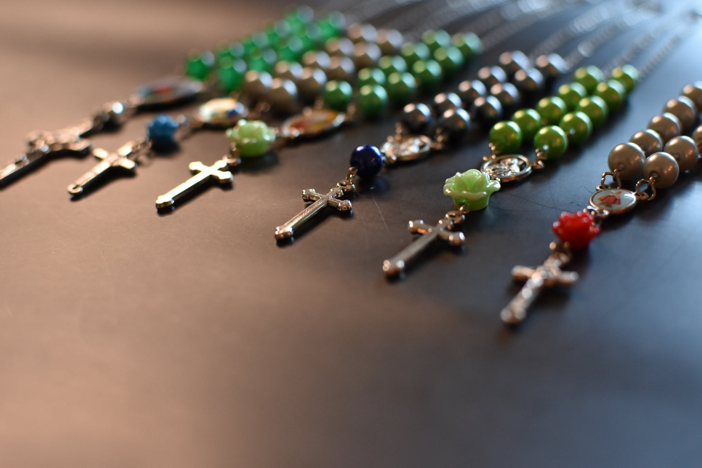 car rosaries-green and silver