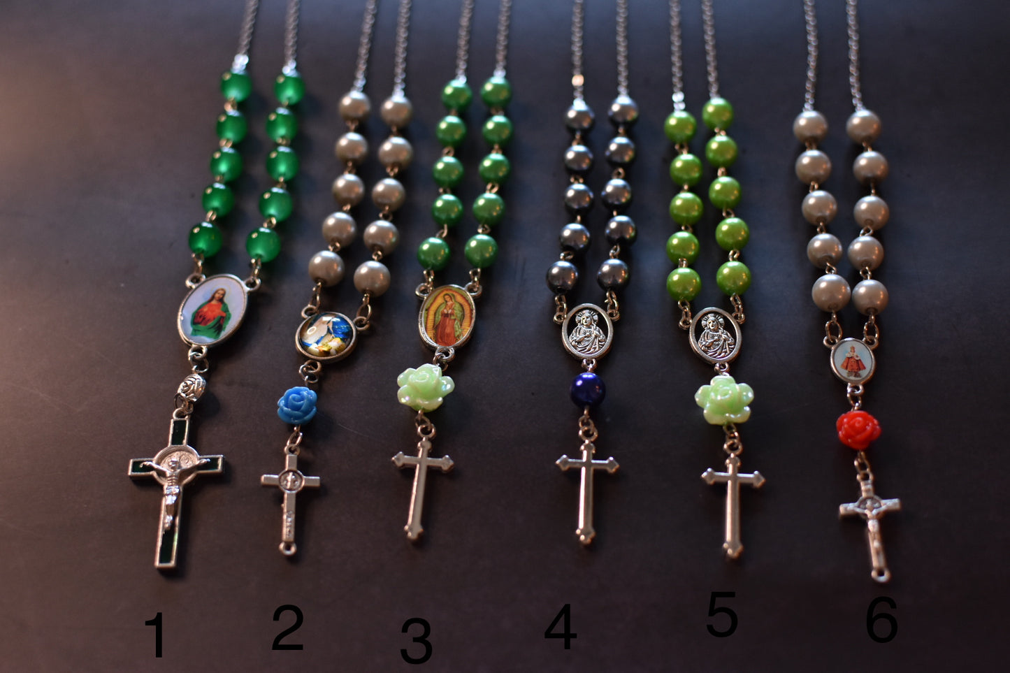 car rosaries-green and silver